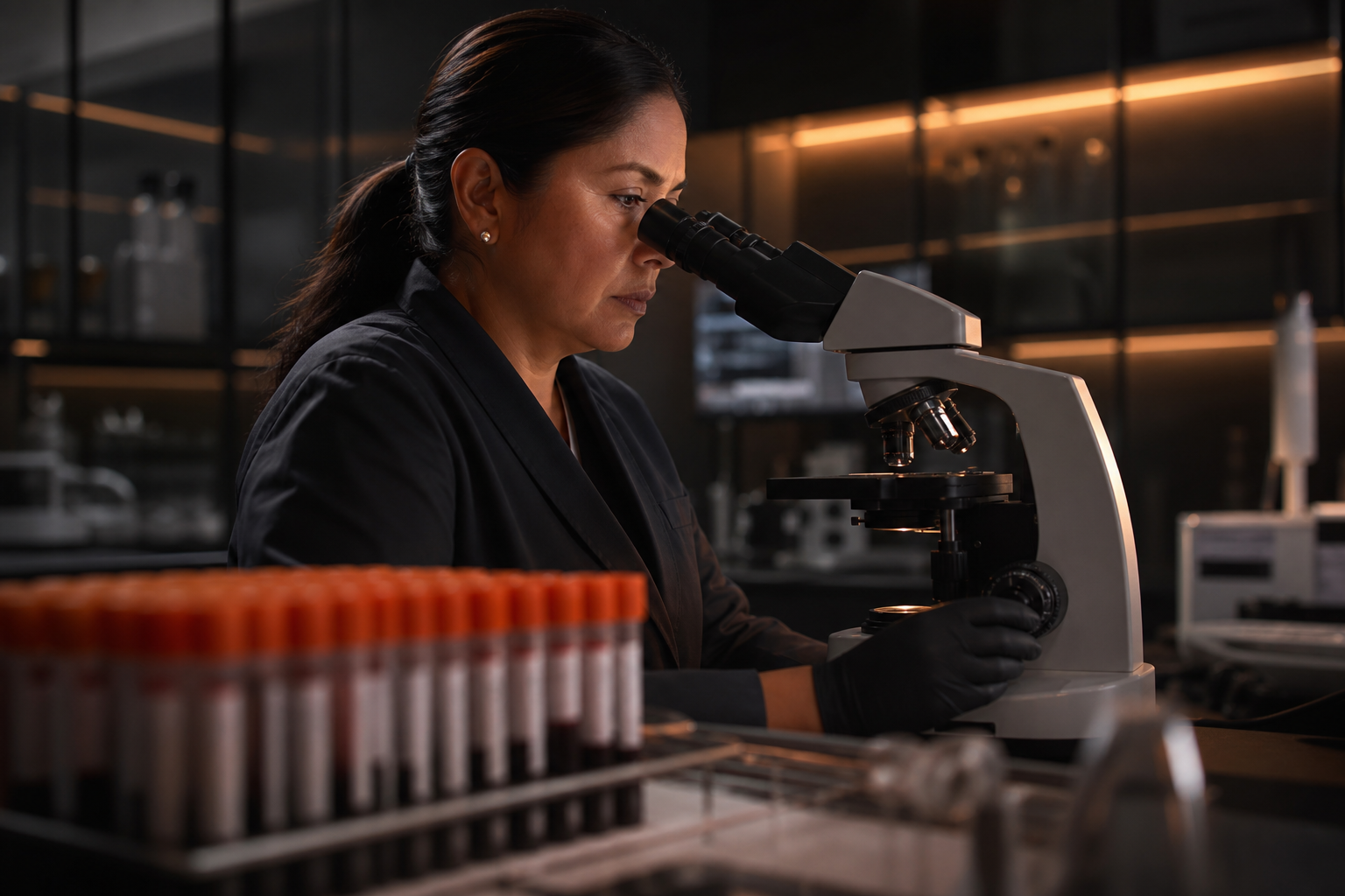 Bioanalista leyendo una muestra al microscopio